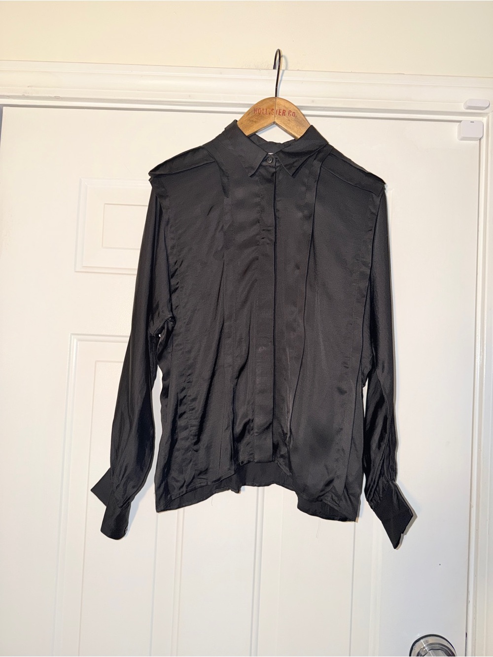 MISA Los Angeles Black Satin Button Front Blouse XS NWT